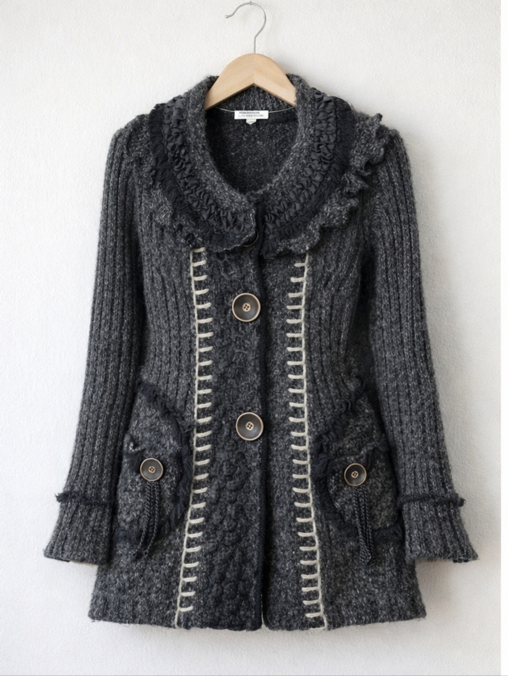 Romantic Knit Cardigan Charcoal Gray Ruffle Trim Vintage Style Button Front Size - Picture 2 of 14
